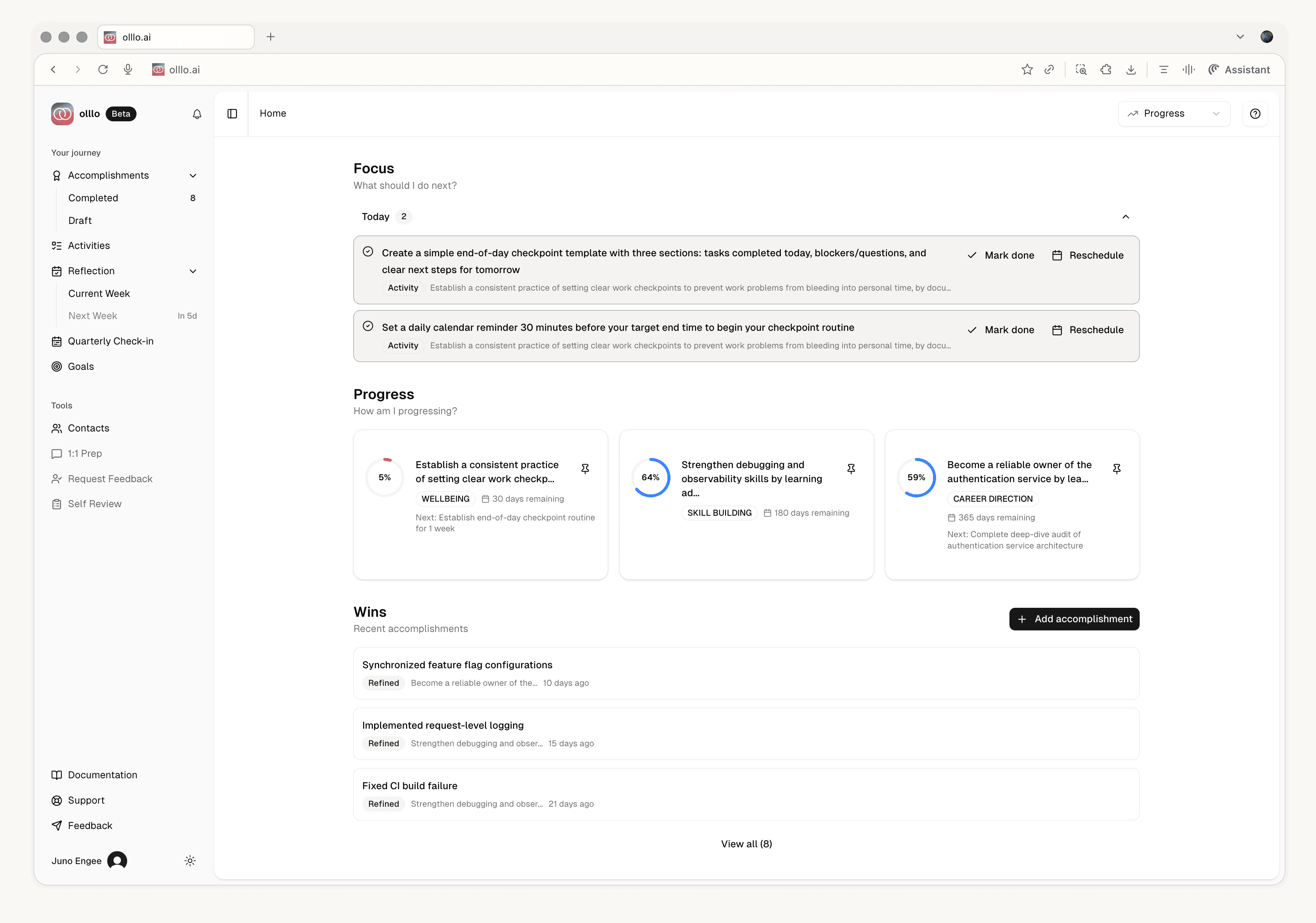 olllo app dashboard showing focus tasks, progress tracking, and recent wins